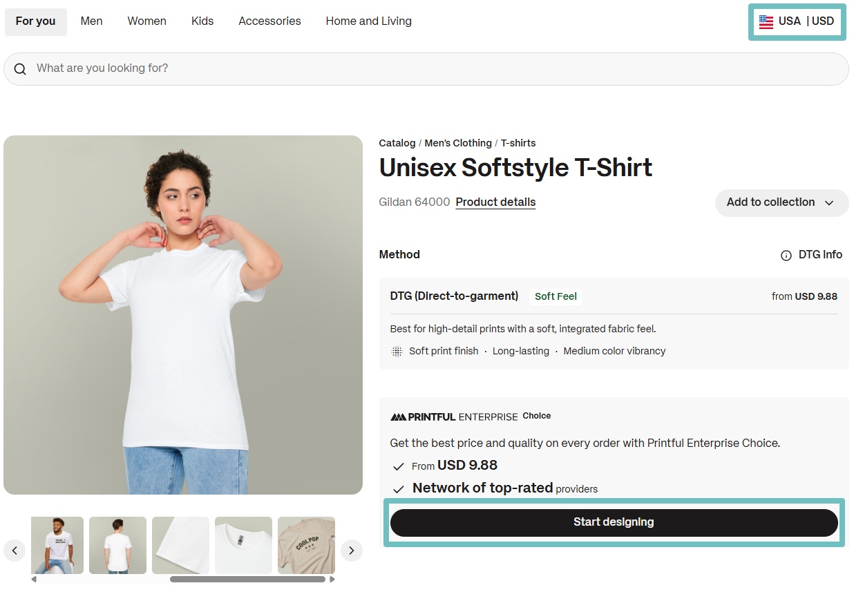 Product page showing shipping location set to USA and “Start designing” button highlighted.