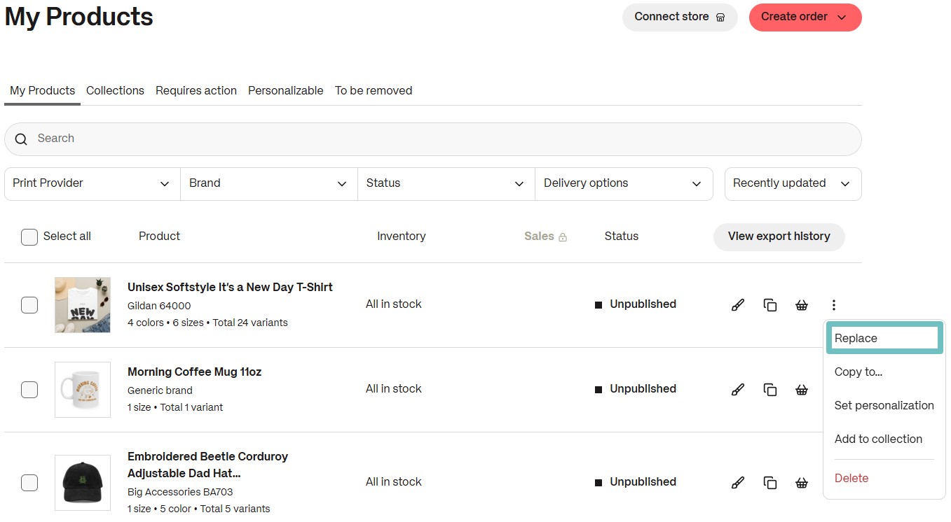 My Products page showing product action menu with “Replace” option highlighted.