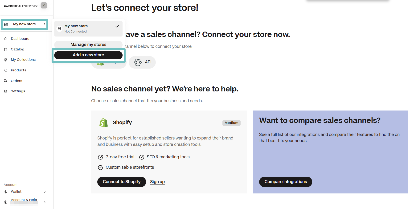 Printful Enterprise store connection page highlighting the Add a new store button in the dropdown menu.