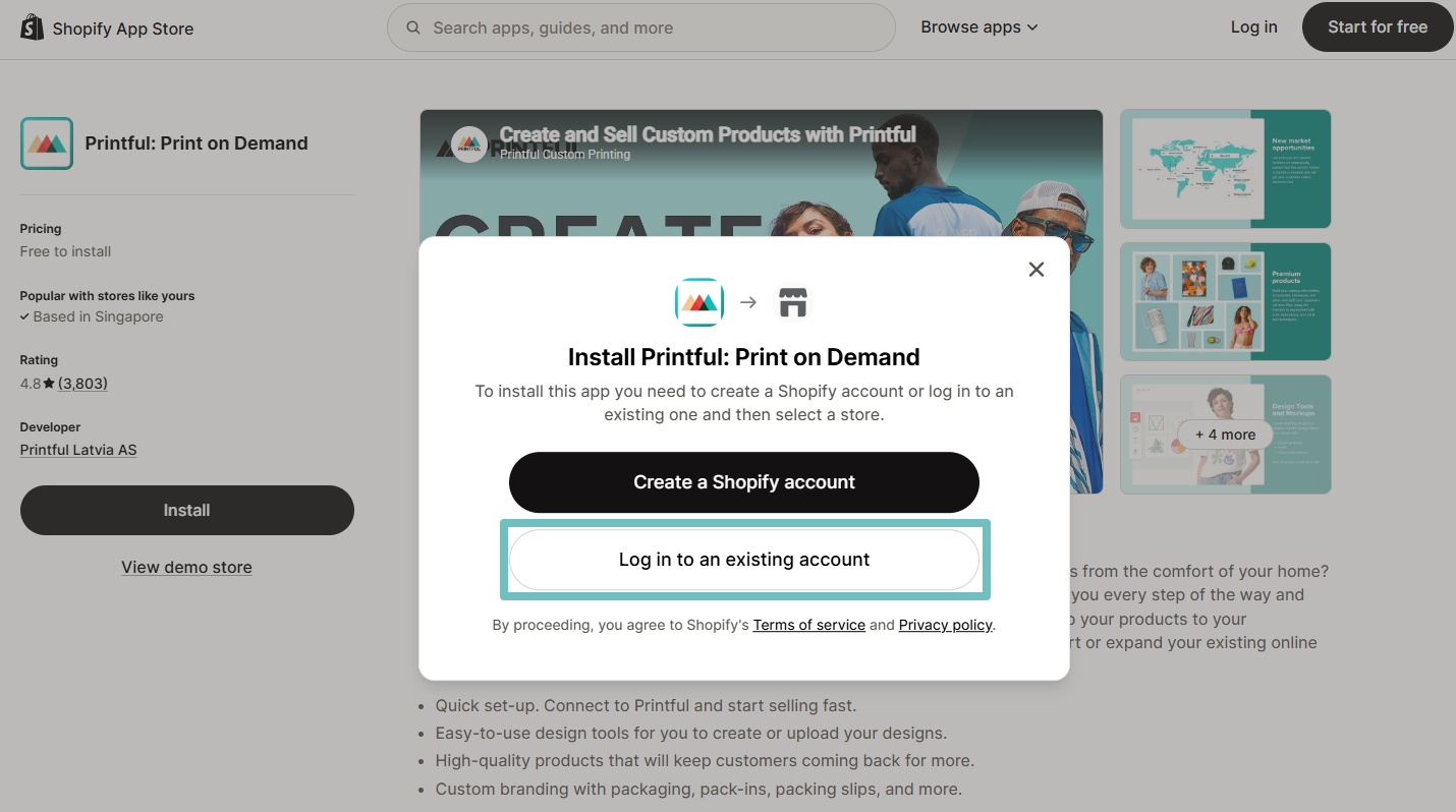 Shopify App Store installation pop-up with a teal box highlighting the Log in to an existing account button.