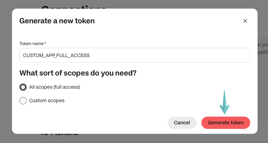 The process of generating an API token with all scopes.