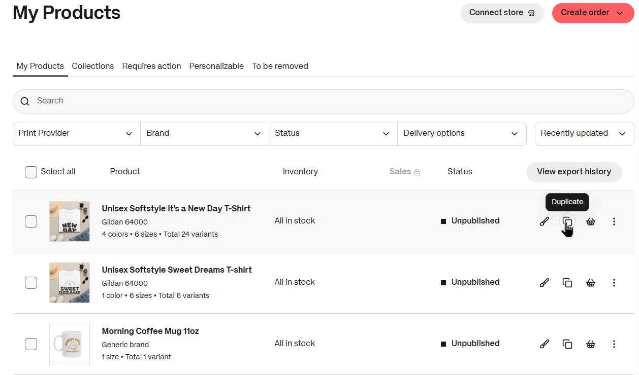 Duplicate a product from the My Products page.