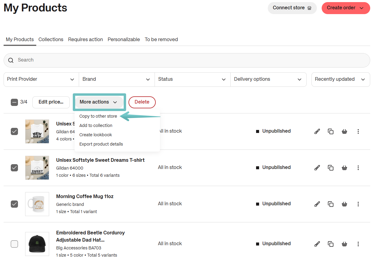 My Products page with selected items and “More actions” menu open showing “Copy to other store” option highlighted.