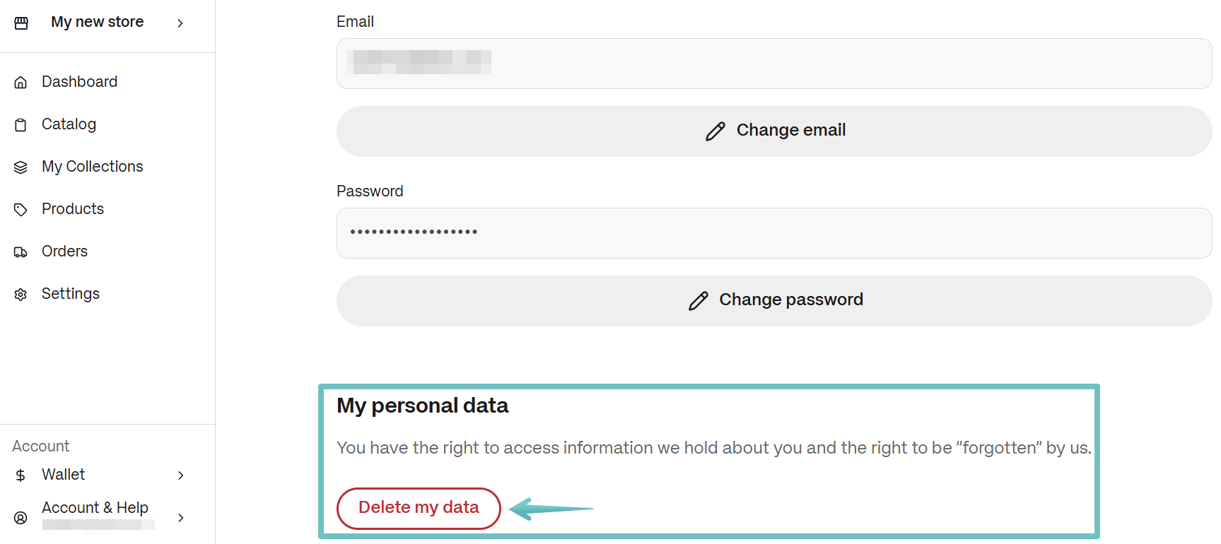 Account & Help settings page featuring the My personal data section, with an arrow pointing to the Delete my data button.