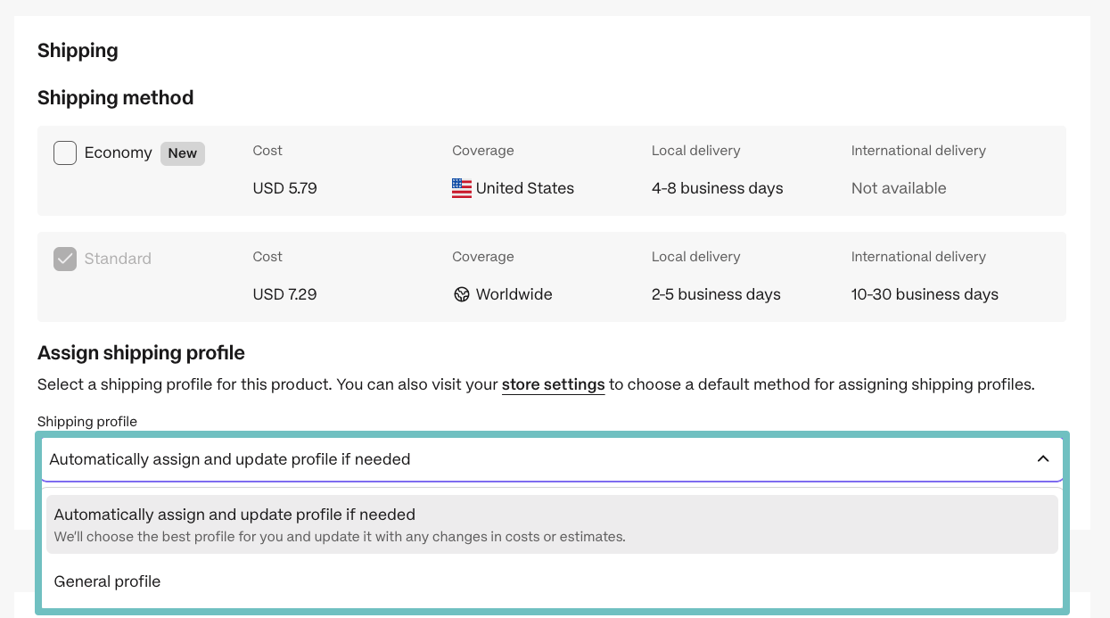 Choosing a custom shipping profile for a product.