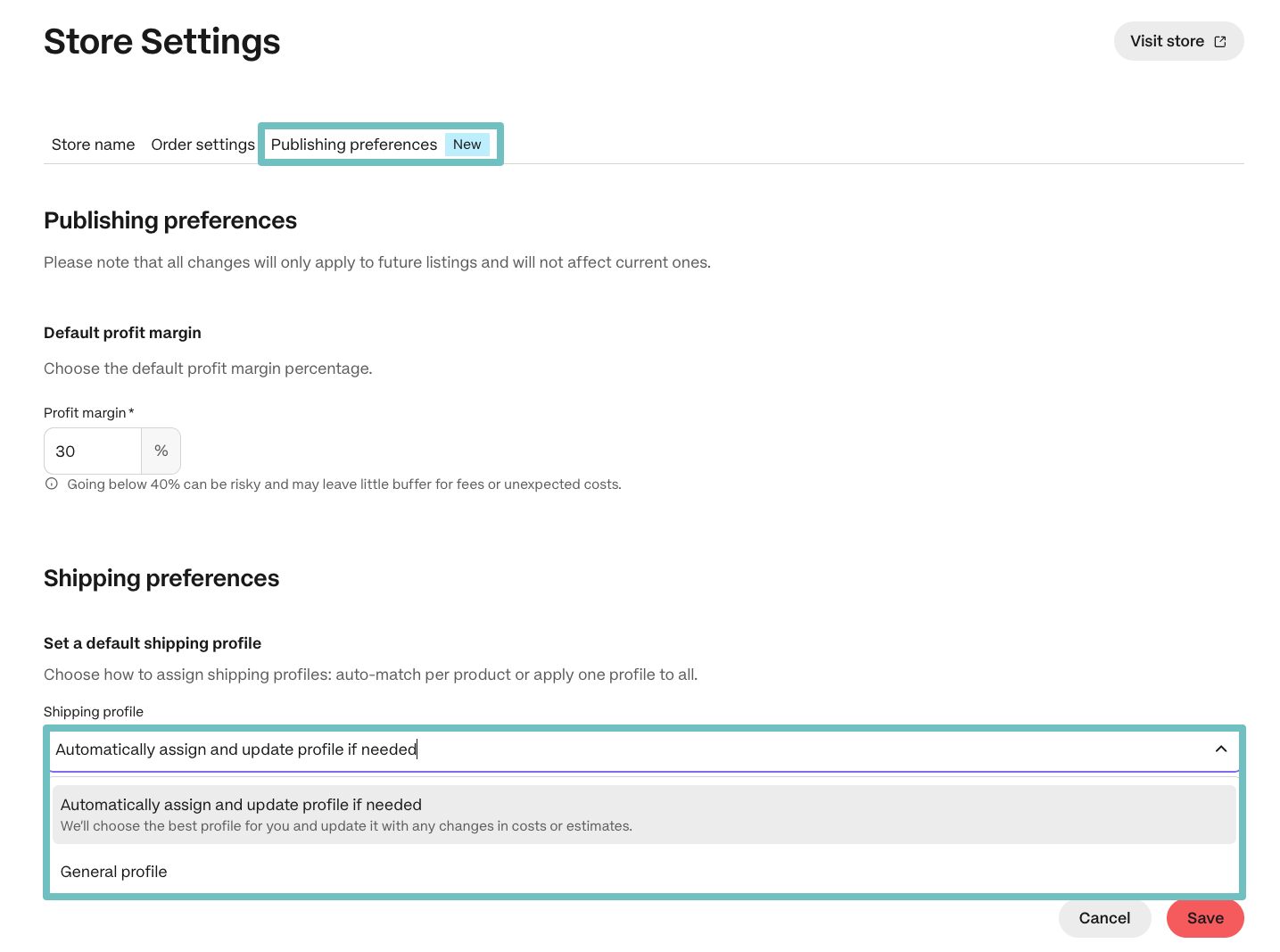 Setting a default shipping profile in Publishing preferences.