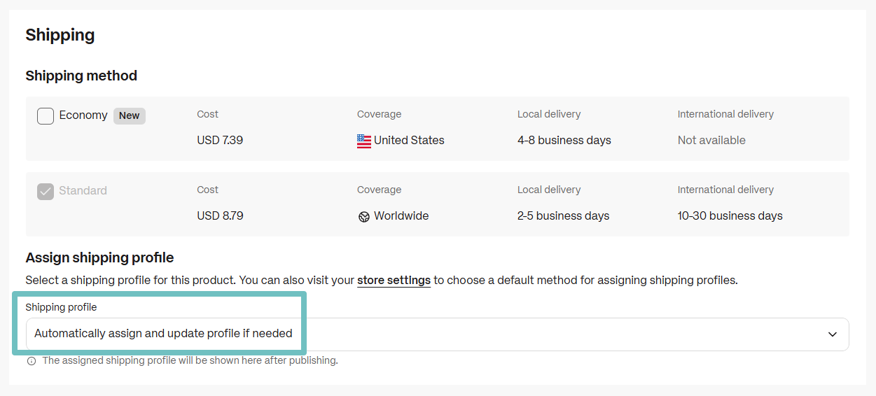 Shipping settings page highlighting the Shipping profile dropdown set to Automatically assign and update profile if needed.