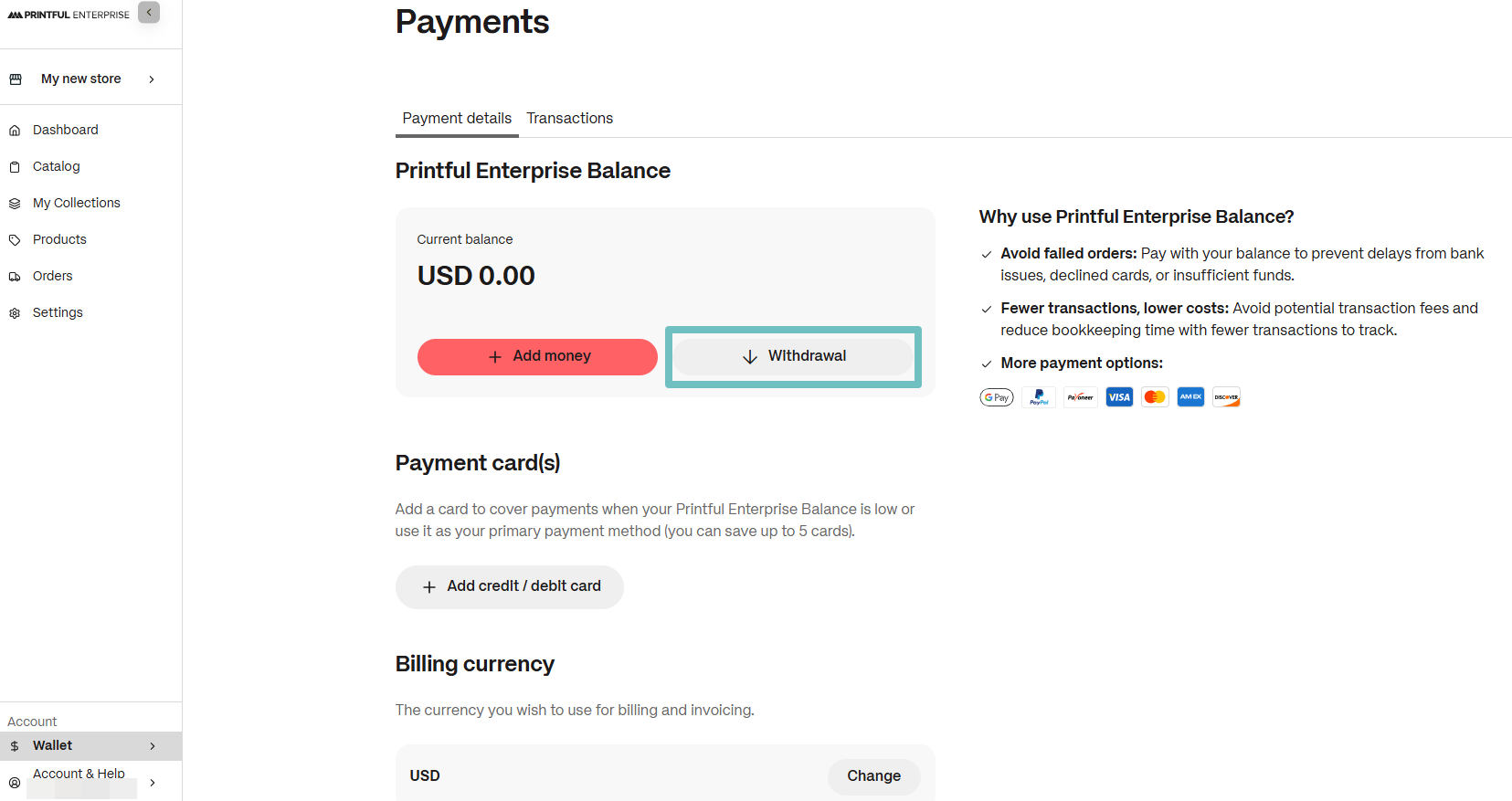 Printful Enterprise Payments page highlighting the Withdrawal button under the Printful Enterprise Balance section.
