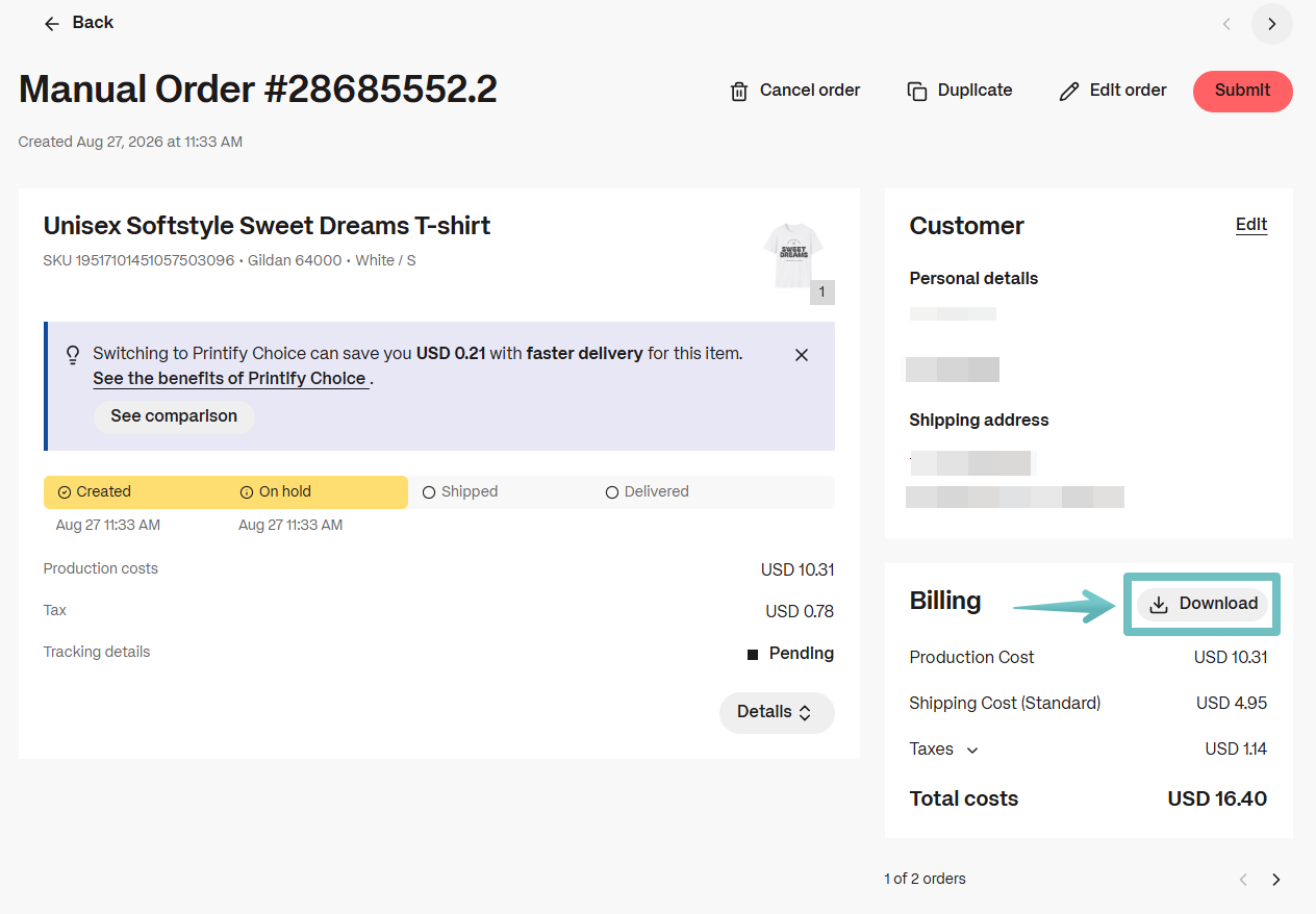Manual order details page highlighting the Download button under the Billing section to get a per-order invoice.