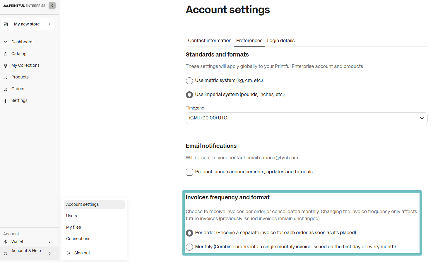 Account settings Preferences tab highlighting the Invoices frequency and format section with options for Per order or Monthly.