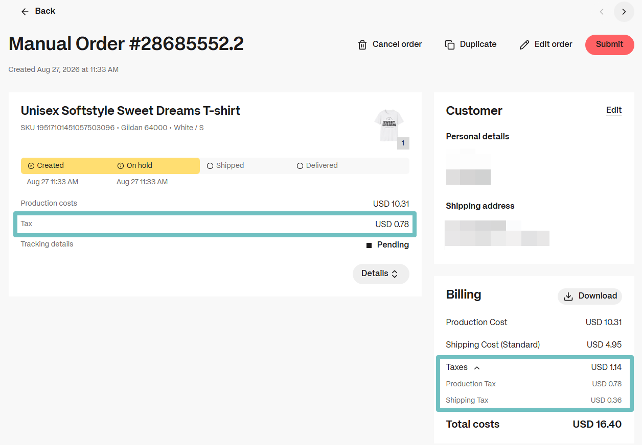 Manual order details page highlighting the Tax line under production costs and the expanded Taxes breakdown under Billing.