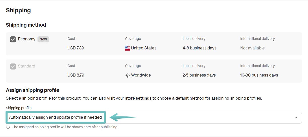 Shipping profile selection during publishing.