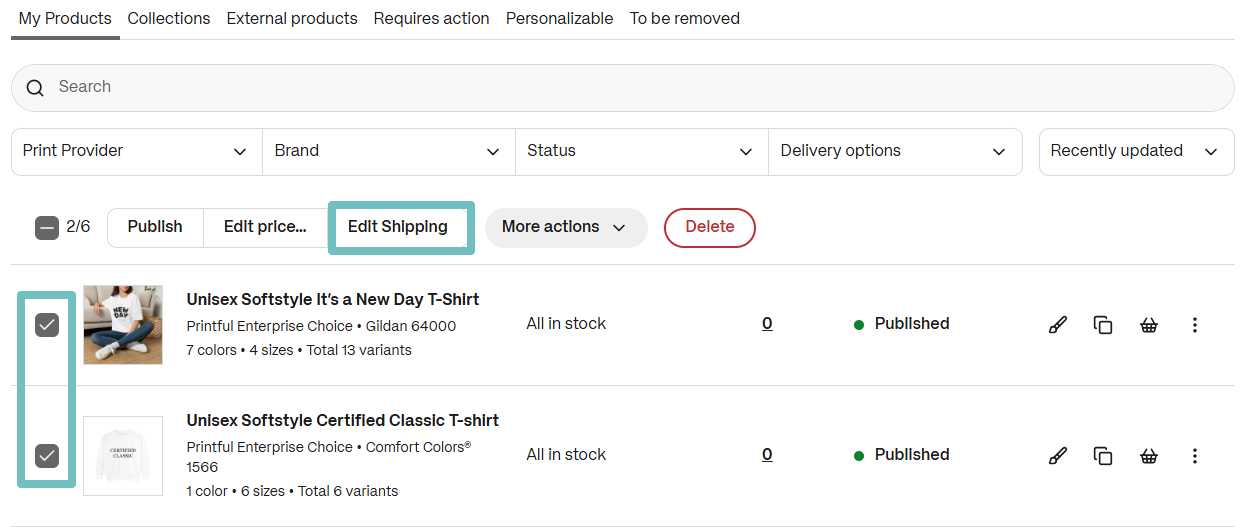 Bulk selecting products and Edit Shipping button.