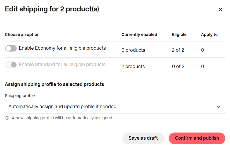 Shipping profile selection for multiple products.