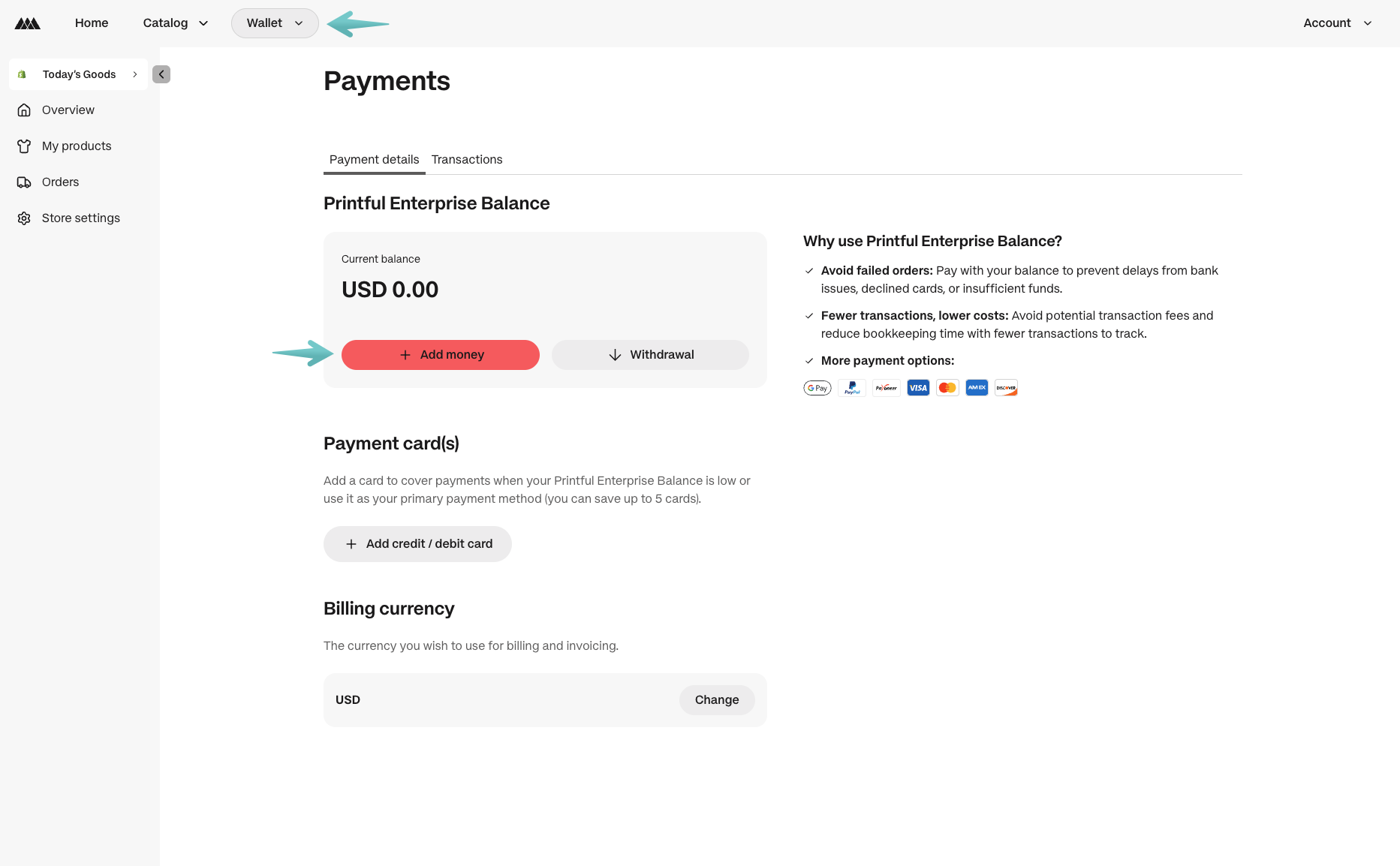 Printful Enterprise Payments page showing a current balance of USD 0.00 with an arrow pointing to the red Add money button.