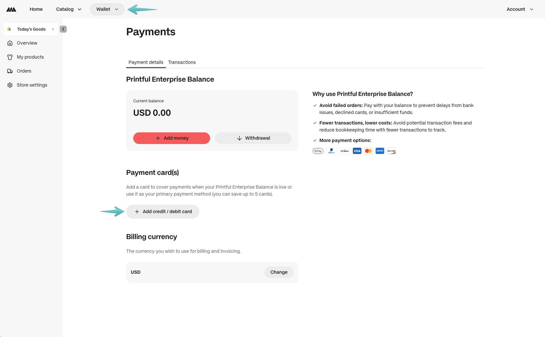 Printful Enterprise Payments page with an arrow pointing to the Add credit / debit card button under the Payment card(s) section.
