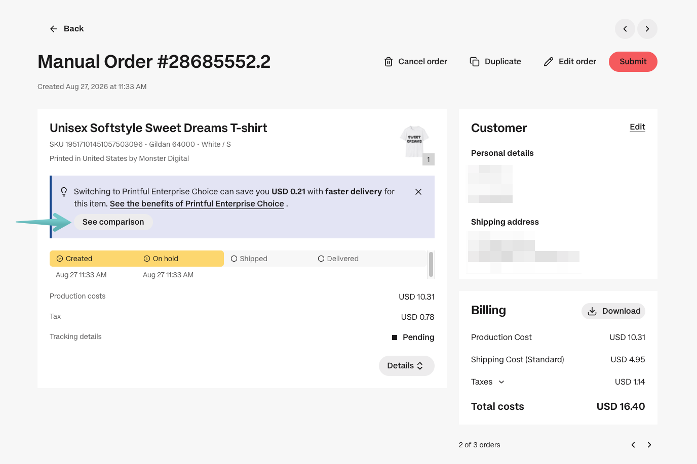 A "See comparison" button in order details, to compare current provider with Printful Enterprise Choice.